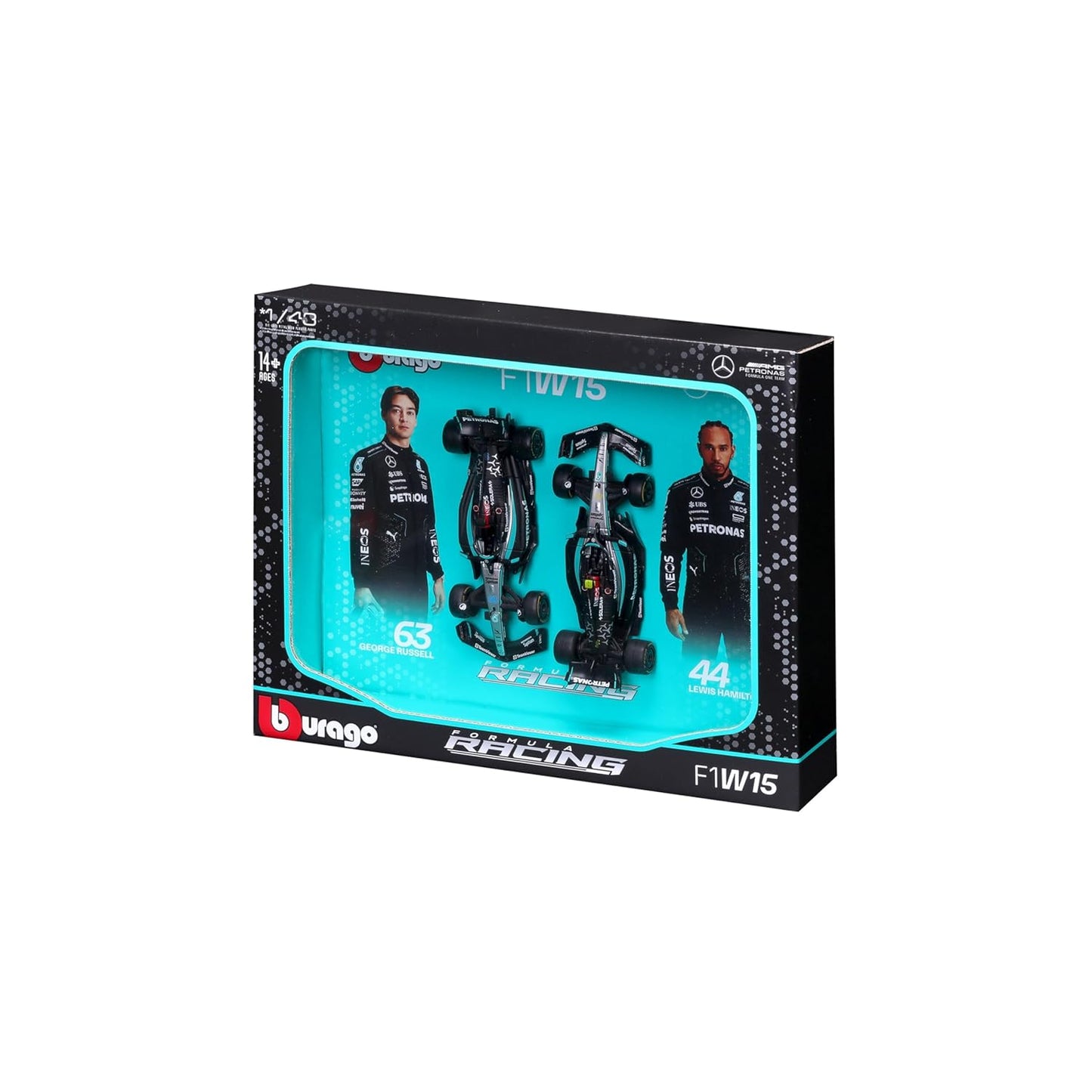 Bburago 1/43 Scale set of 2 Mercedes-AMG F1 Racing Team W15 Formula 1 Model Cars.