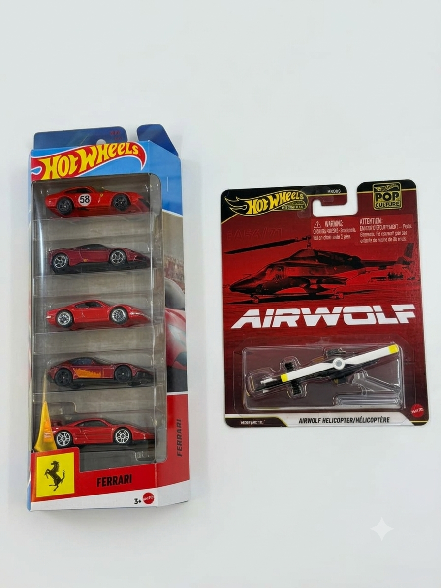 Hot Wheels Ferrari 5-Pack with Hot Wheels Pop Culture Airwolf Helicopter