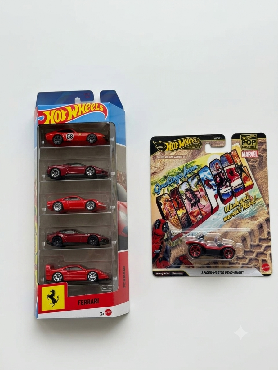 Hot Wheels Ferrari 5-Pack with Hot Wheels Pop Culture Marvel Spider-Mobile Dead-Buggy
