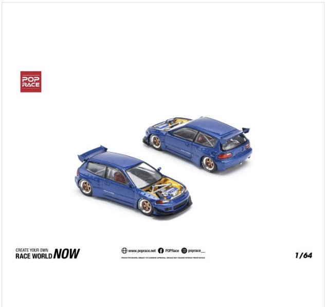 POP Race 1:64 174 Diecast Model Car - Pandem Civic EG6 Metallic Blue With Open Hood