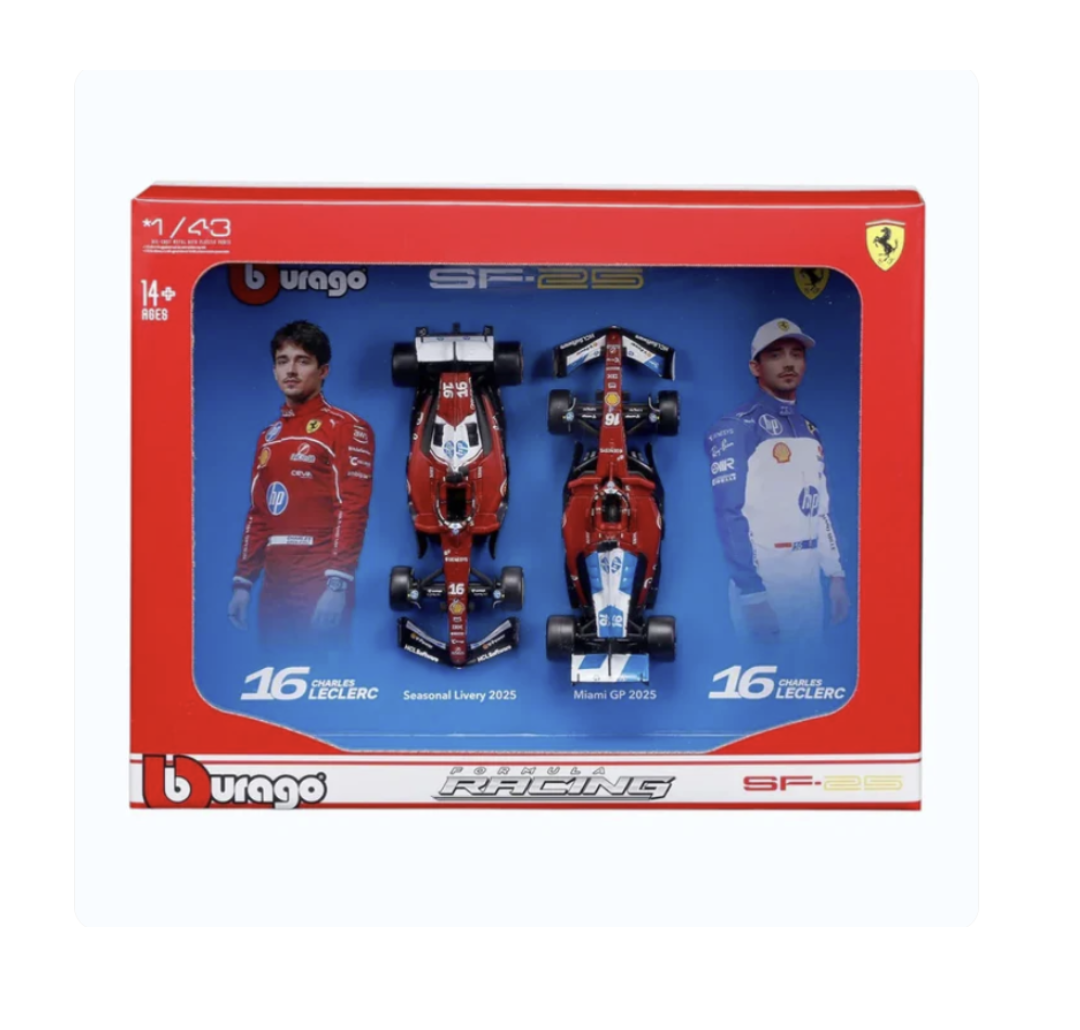 Bburago 1:43 Ferrari SF-25 (#16 Charles Leclerc) 2-Car Pack