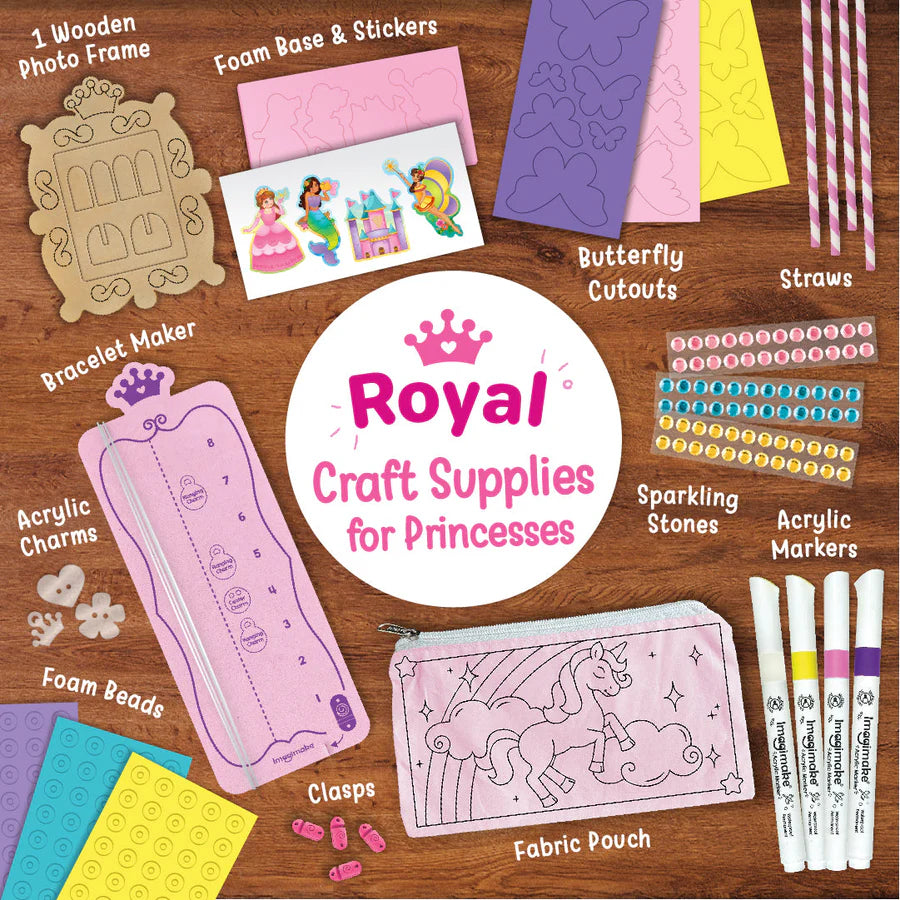 Imagimake Princess Craft Kit | 10 Mess-Free Activities | DIY Flat Bead Bracelets, Unicorn Pouch, Butterfly Wands & Photo Frame.