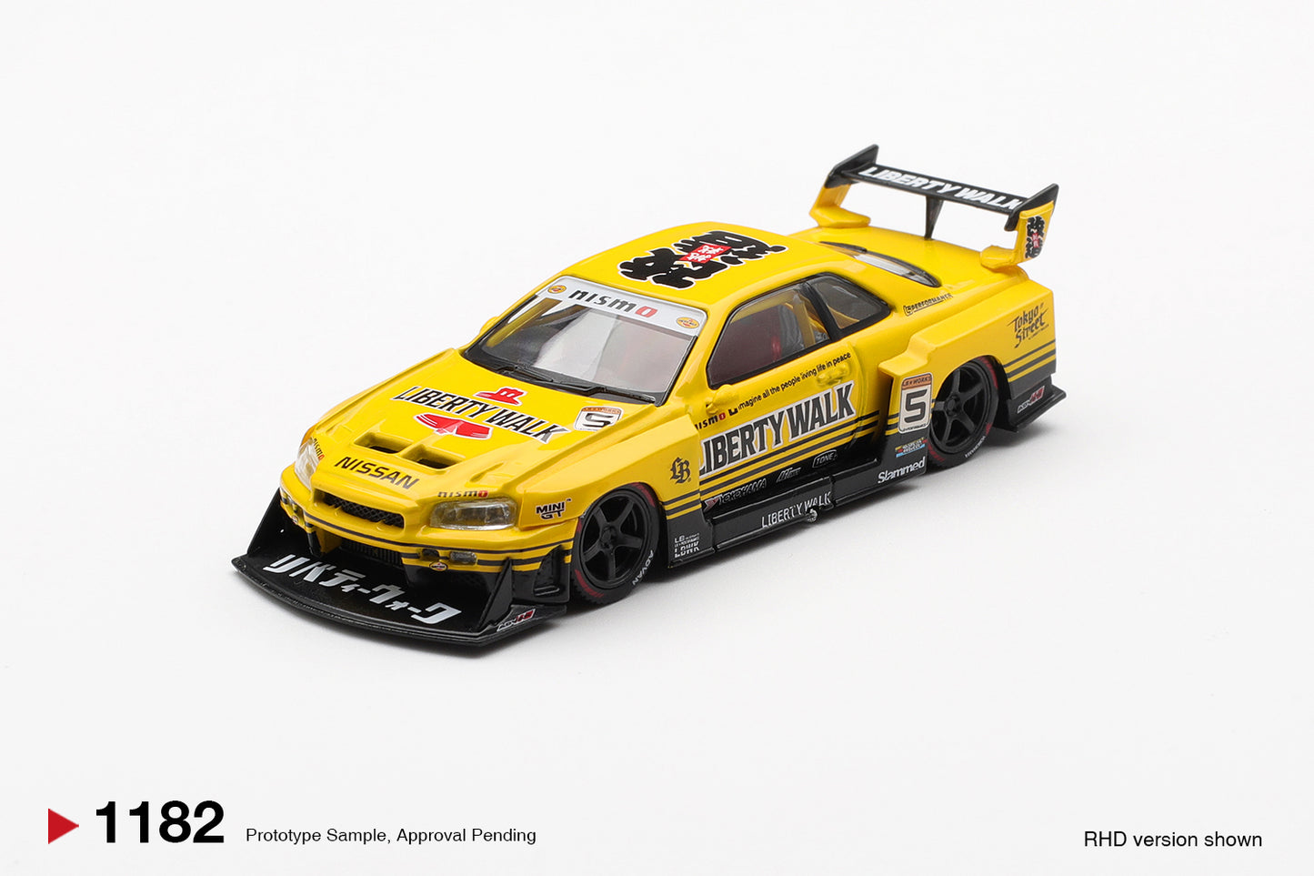 MINI GT 1182 Nissan ER34 Skyline with Liberty Walk Super Silhouette Bodykit.