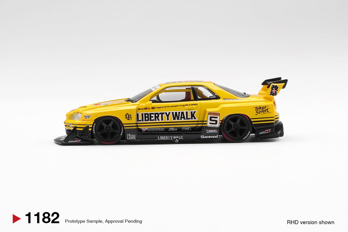 MINI GT 1182 Nissan ER34 Skyline with Liberty Walk Super Silhouette Bodykit.