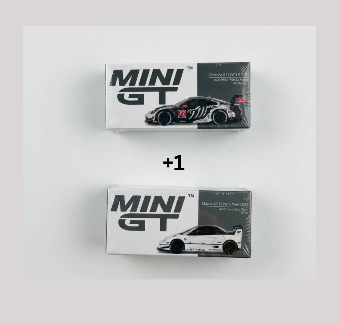 MINI GT 1143 Porsche 911 GT3 R #77+ MINI GT 953  Mazda AZ-1 Liberty Walk LB40 2024 Auto Salon White.
