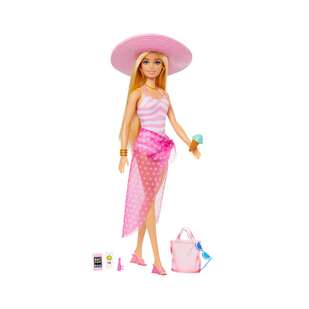 Barbie Doll with Swimsuit Beach-Themed Accessories.