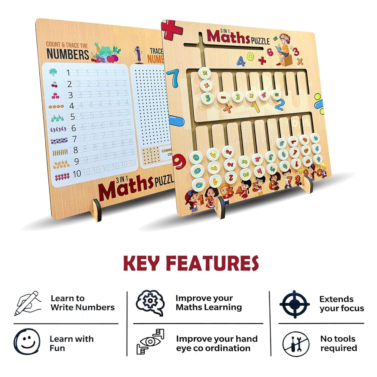 HEKU  3 in 1 Creative Educational Wooden Maths Puzzle Board Game for Kids & Adult.
