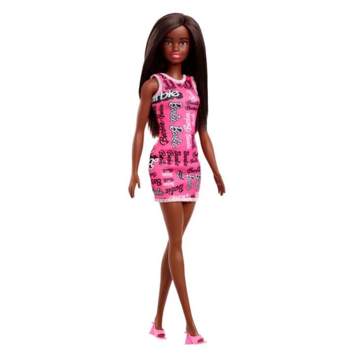 Barbie Fashion Doll with Straight Black Hair Wearing Removable Pink Tank Dress.(HRH08)