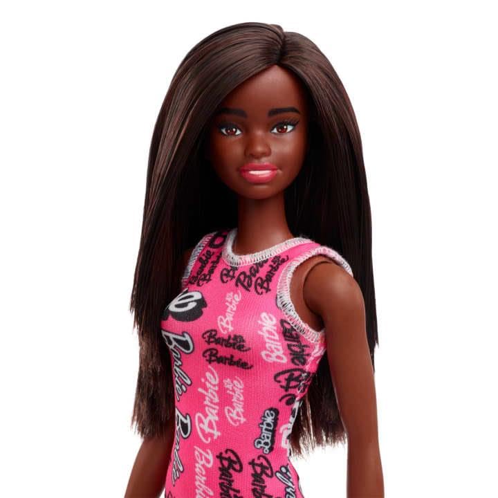 Barbie Fashion Doll with Straight Black Hair Wearing Removable Pink Tank Dress.(HRH08)