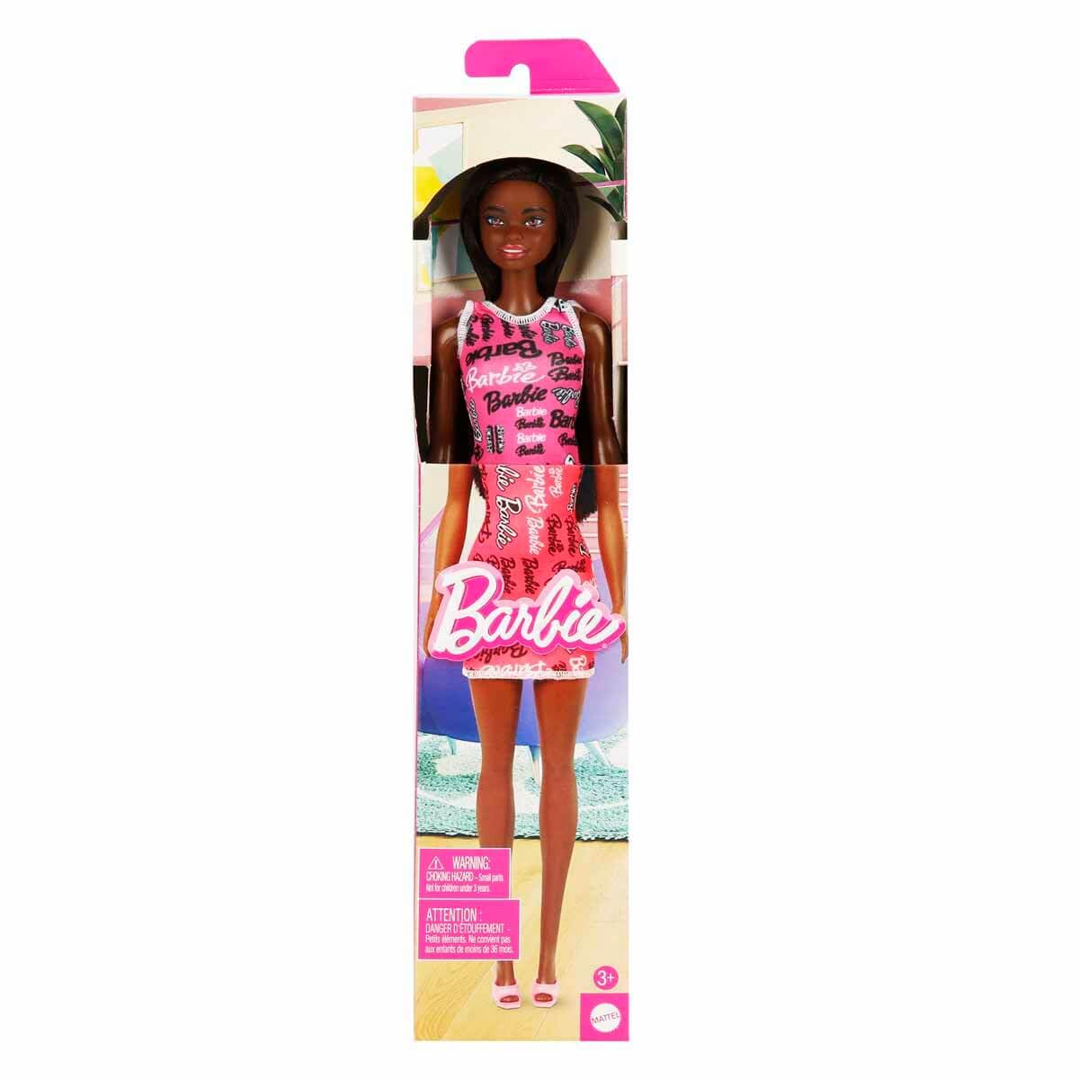 Barbie Fashion Doll with Straight Black Hair Wearing Removable Pink Tank Dress.(HRH08)