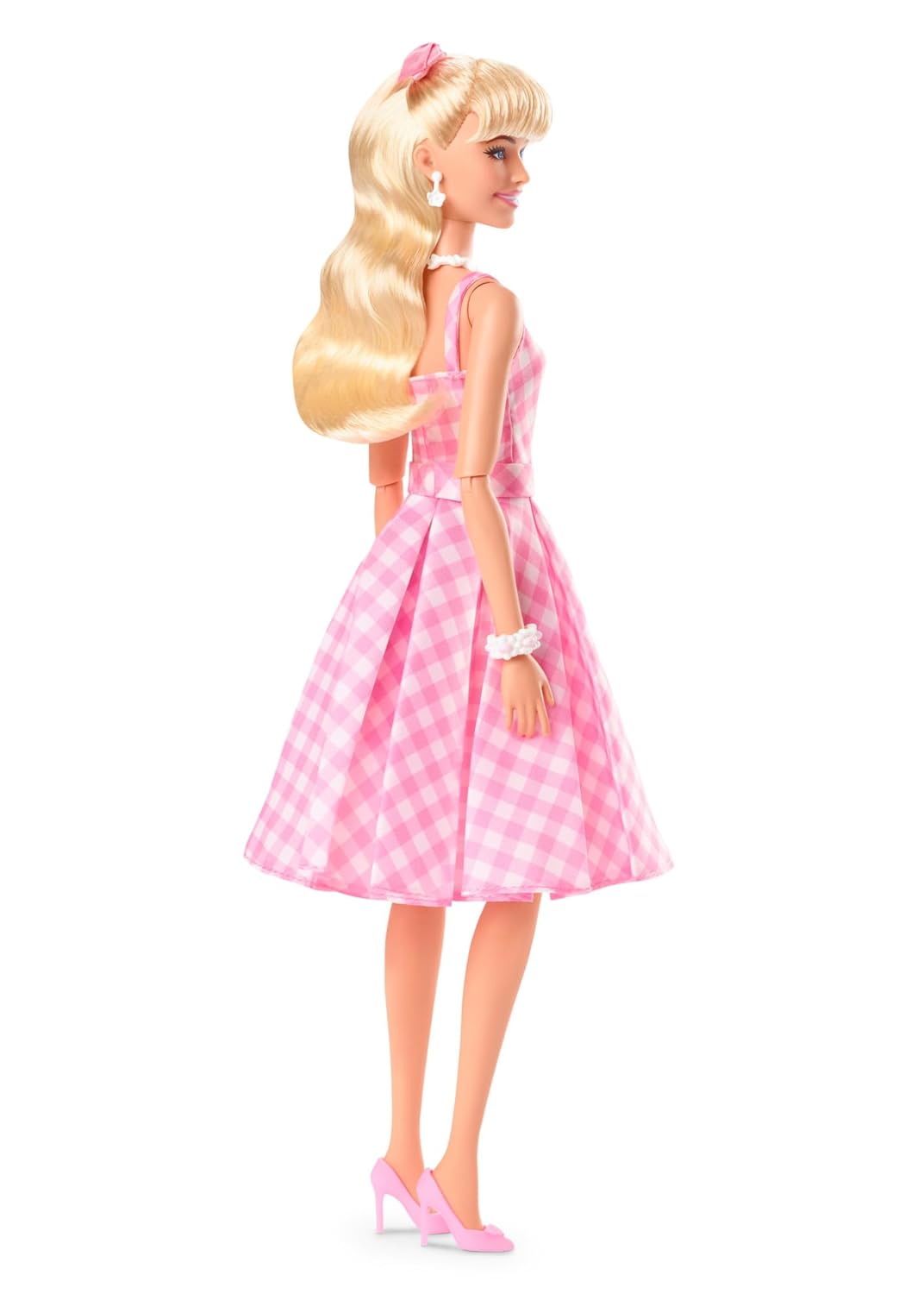 Barbie The Movie Doll Wearing Pink and White Gingham Dress with Daisy Chain Necklace.