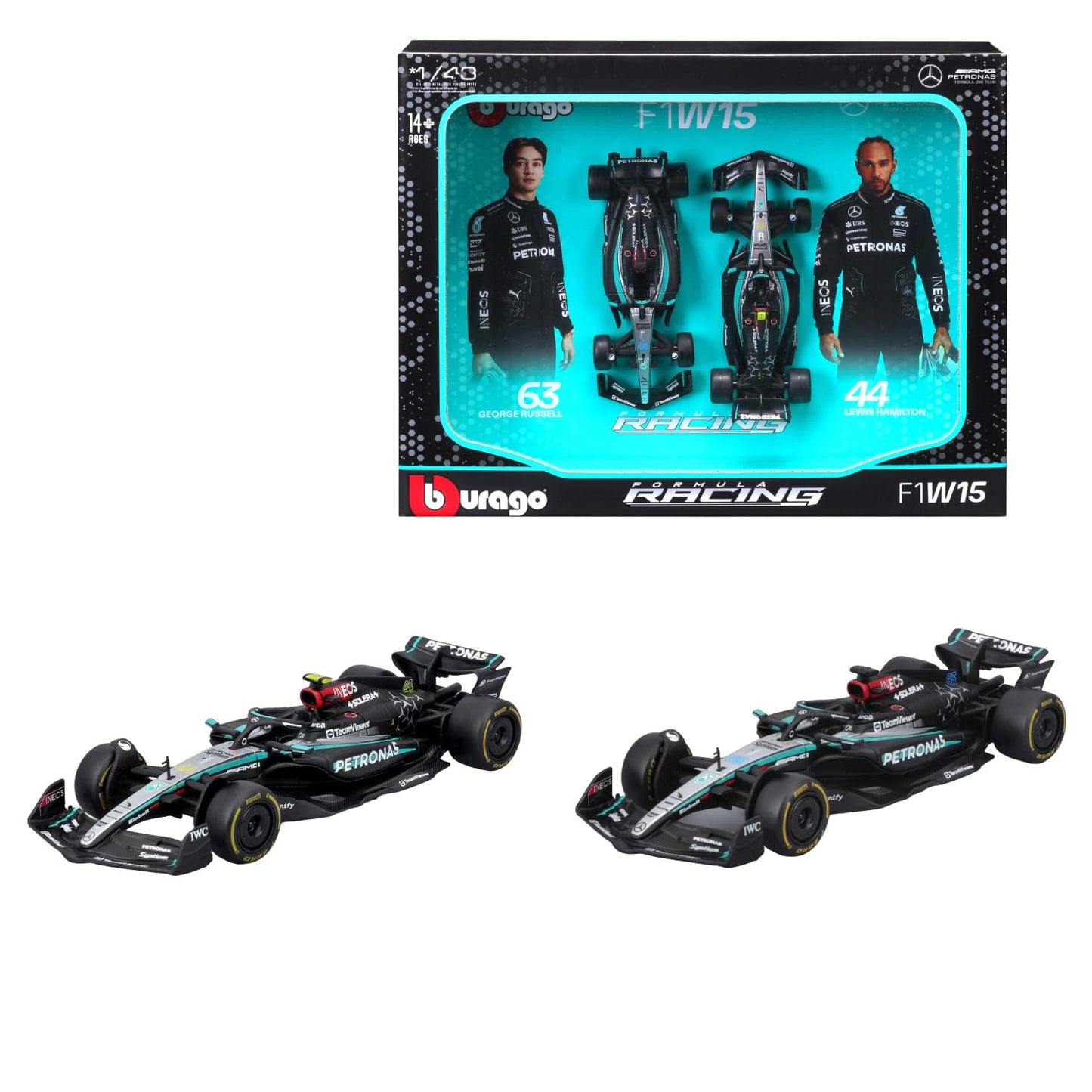 Bburago 1/43 Scale set of 2 Mercedes-AMG F1 Racing Team W15 Formula 1 Model Cars.