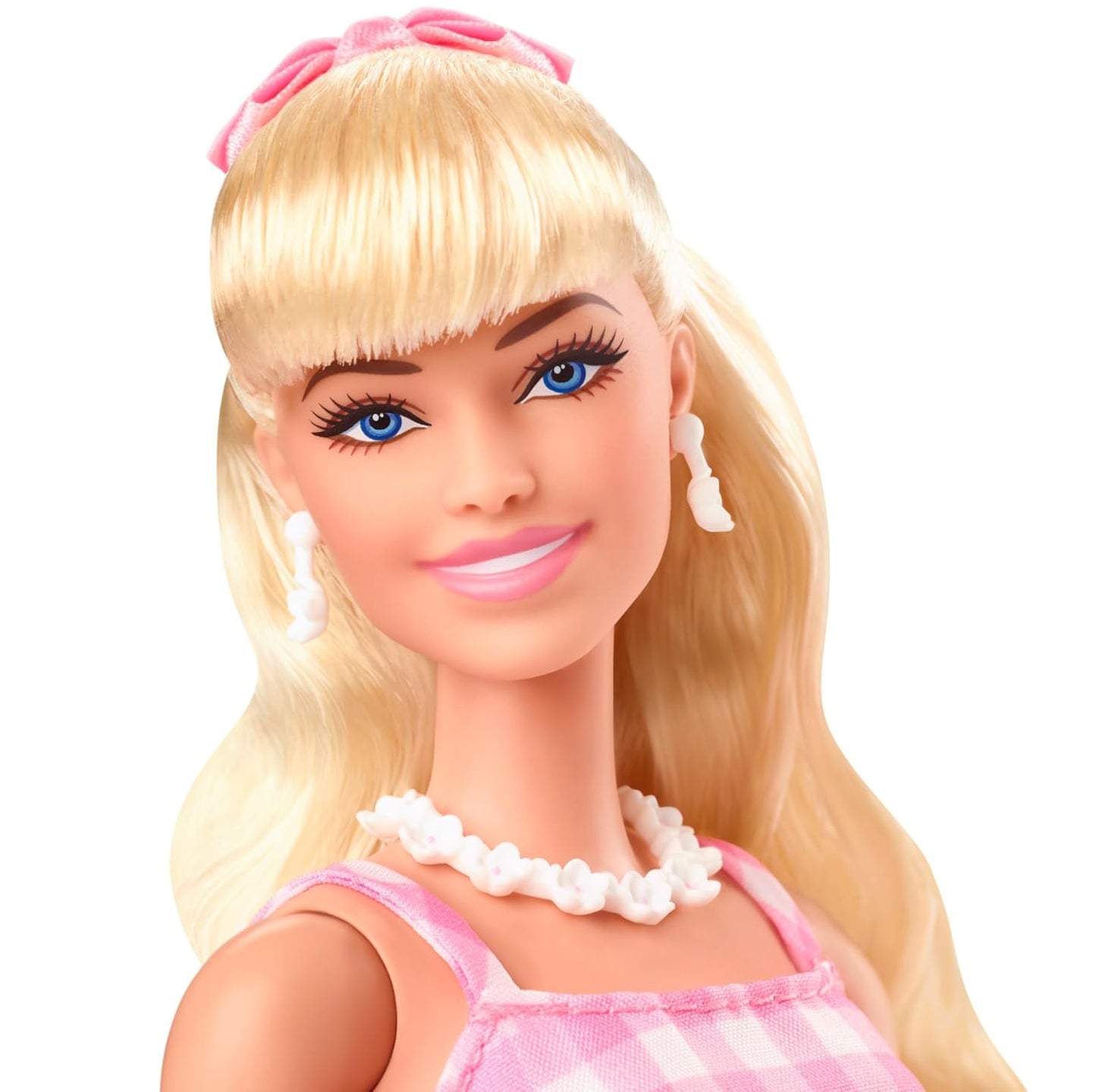 Barbie The Movie Doll Wearing Pink and White Gingham Dress with Daisy Chain Necklace.