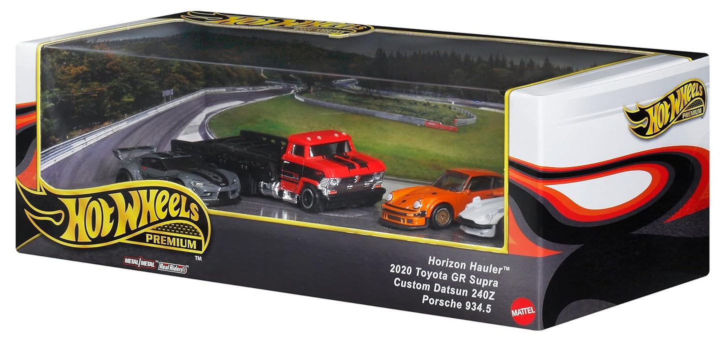 Hot Wheels Premium 4-Piece Die-Cast Car Set with Carrier.