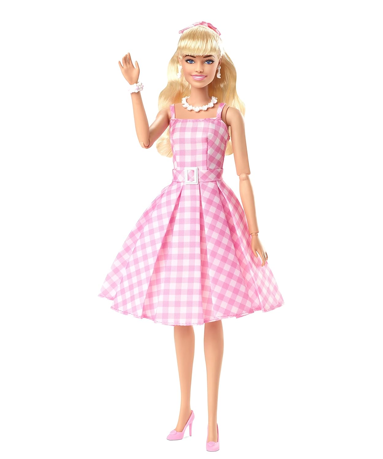 Barbie The Movie Doll Wearing Pink and White Gingham Dress with Daisy Chain Necklace.
