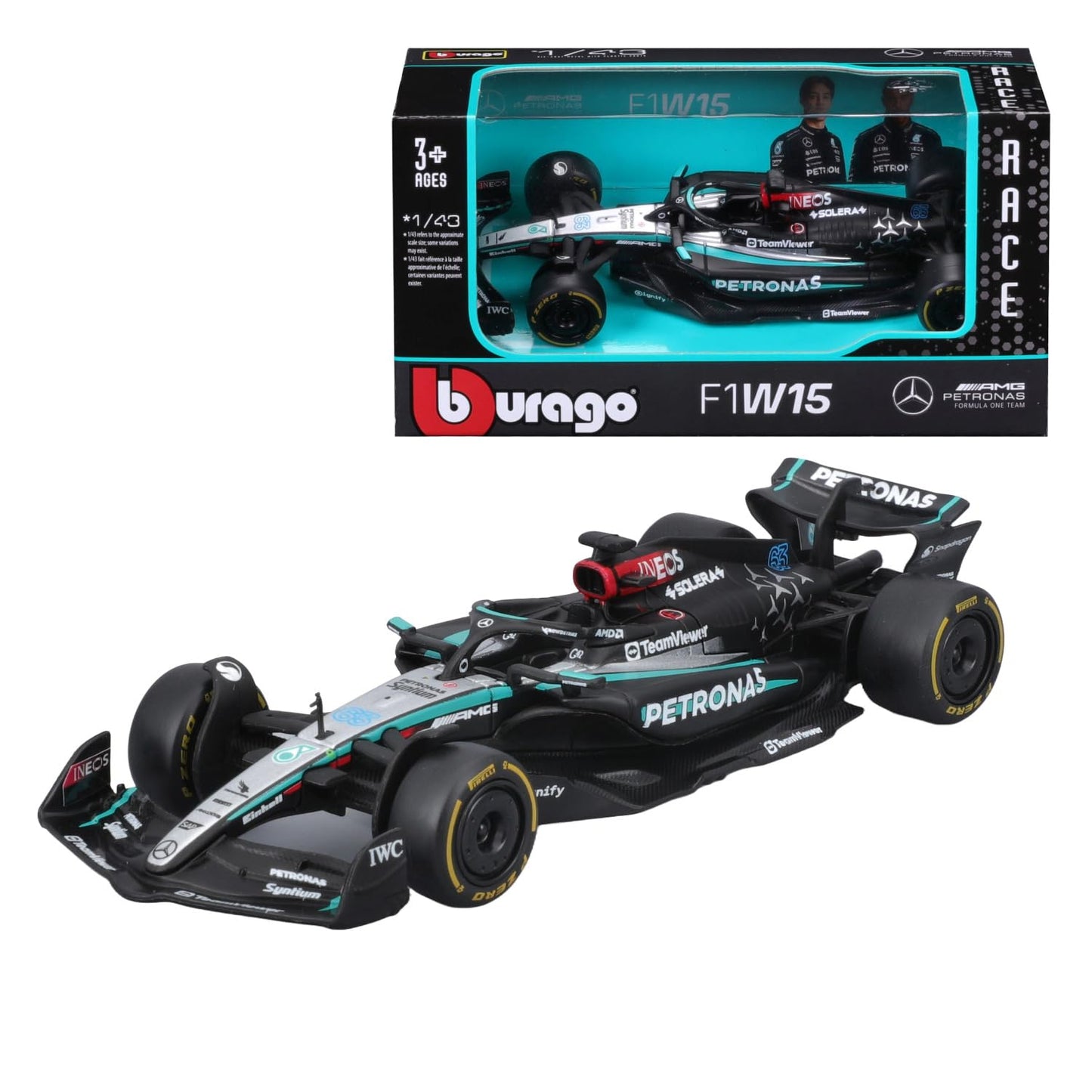 Burago 1/43 Bbrago Mercedes AMG Petronas F1 W15 Grand Prix Collection - 63 George Russell, 44 Lewis Hamilton