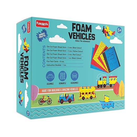 Funskool Handycrafts Foam Vehicles, Make 6 Different Vehicles, Foam Vehicles, Learn 25+ Interesting Facts, Arts and Craft Kit, DIY Kit, Ages 5 Years and Above, Multicolour