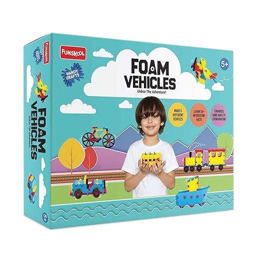 Funskool Handycrafts Foam Vehicles, Make 6 Different Vehicles, Foam Vehicles, Learn 25+ Interesting Facts, Arts and Craft Kit, DIY Kit, Ages 5 Years and Above, Multicolour