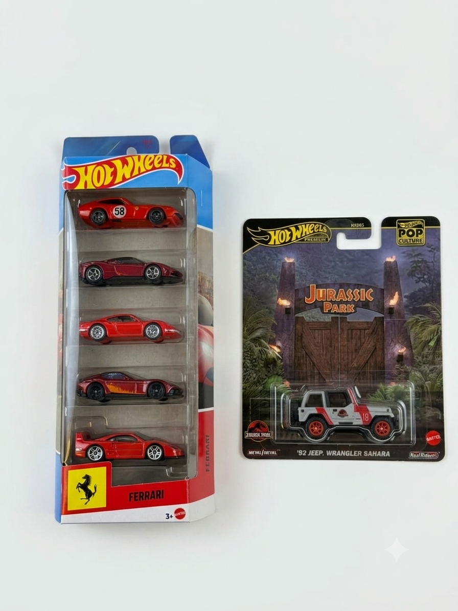Hot Wheels Ferrari 5-Pack With Hot Wheels Pop Culture Jurassic Park '92 Jeep Wrangler Sahara