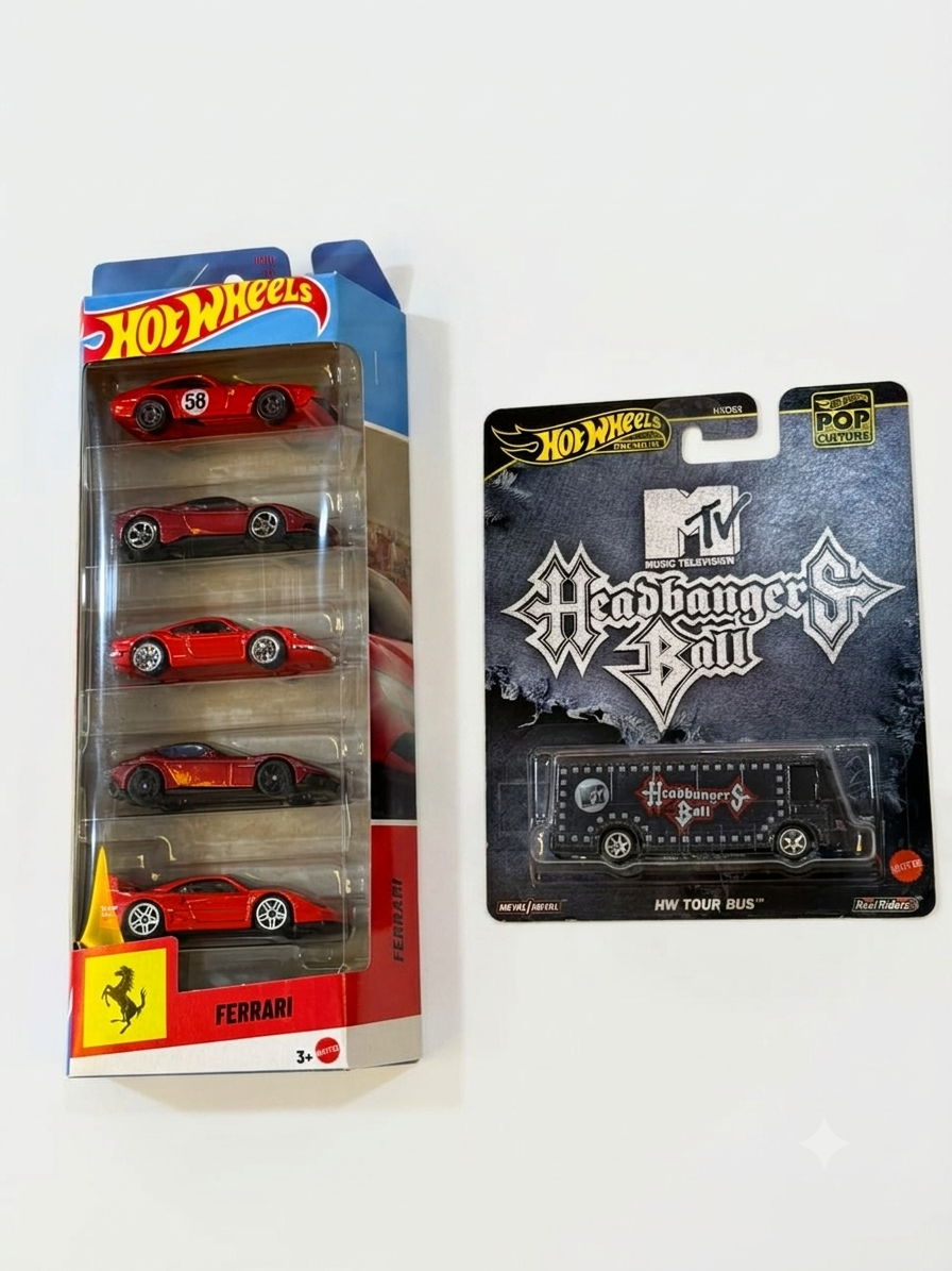 Hot Wheels Ferrari 5-Pack with Hot Wheels Pop Culture Hot Wheels Pop Culture MTV Headbangers Ball HW Tour Bus.