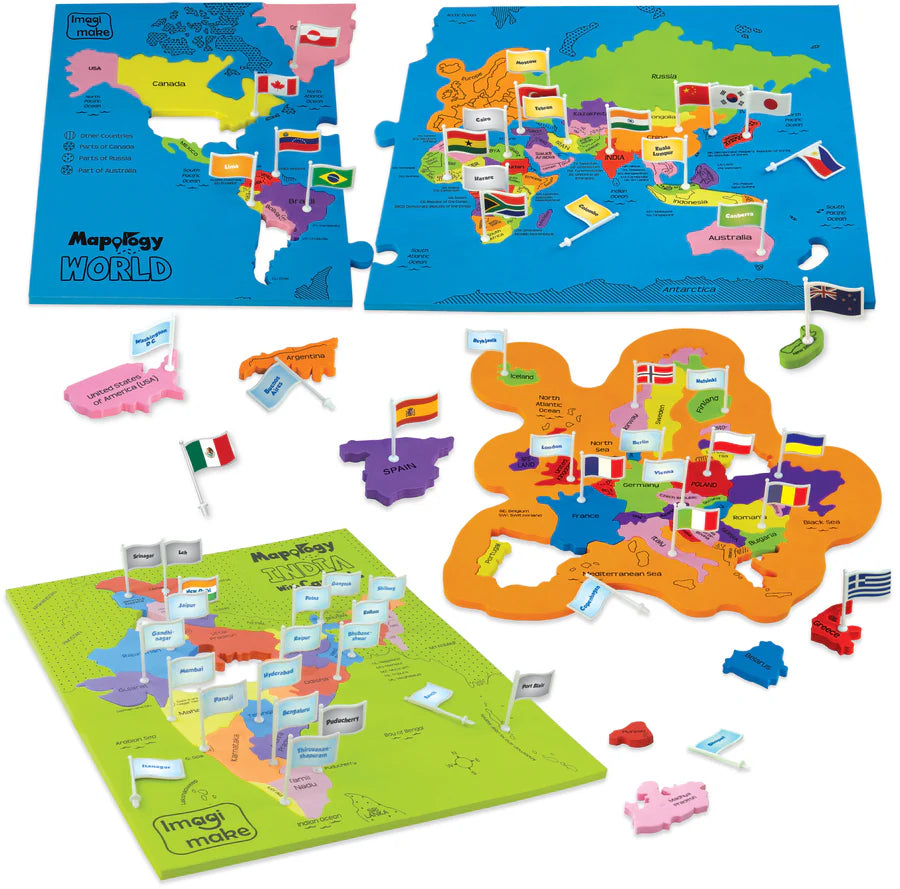 Imagimake Mapology Combo: Map Puzzle of India and World with Capitals, with free monuments of india any one pies.