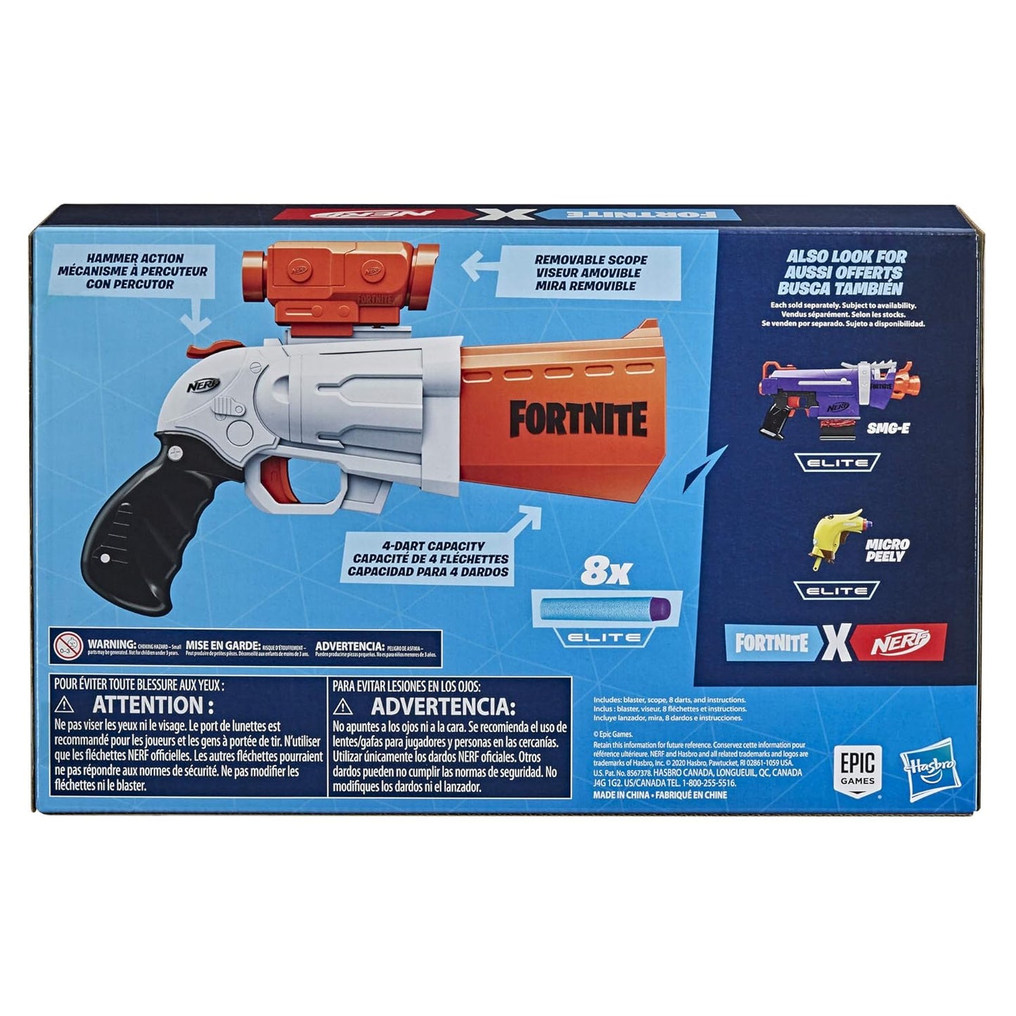 NERF Fortnite Sr Blaster, 4-Dart Hammer Action, Includes Removable Scope and 8 Elite Darts, for Youth, Teens, Adults, Multicolor