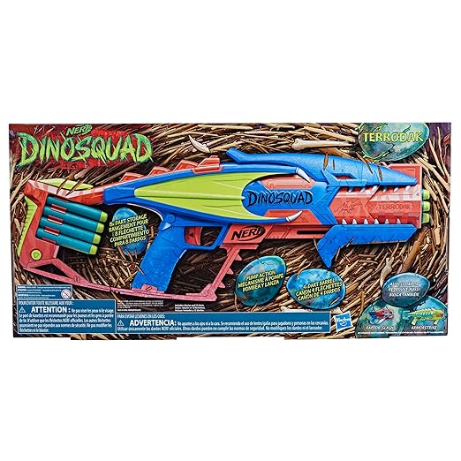 Nerf Dinosquad Terrodak, 4 Dart Blasting, Dart Storage, 12 Nerf Elite Darts, Dinosaur Design, Toy Foam Nerf Blaster for Kids Outdoor Games.