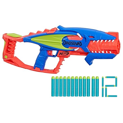 Nerf Dinosquad Terrodak, 4 Dart Blasting, Dart Storage, 12 Nerf Elite Darts, Dinosaur Design, Toy Foam Nerf Blaster for Kids Outdoor Games.