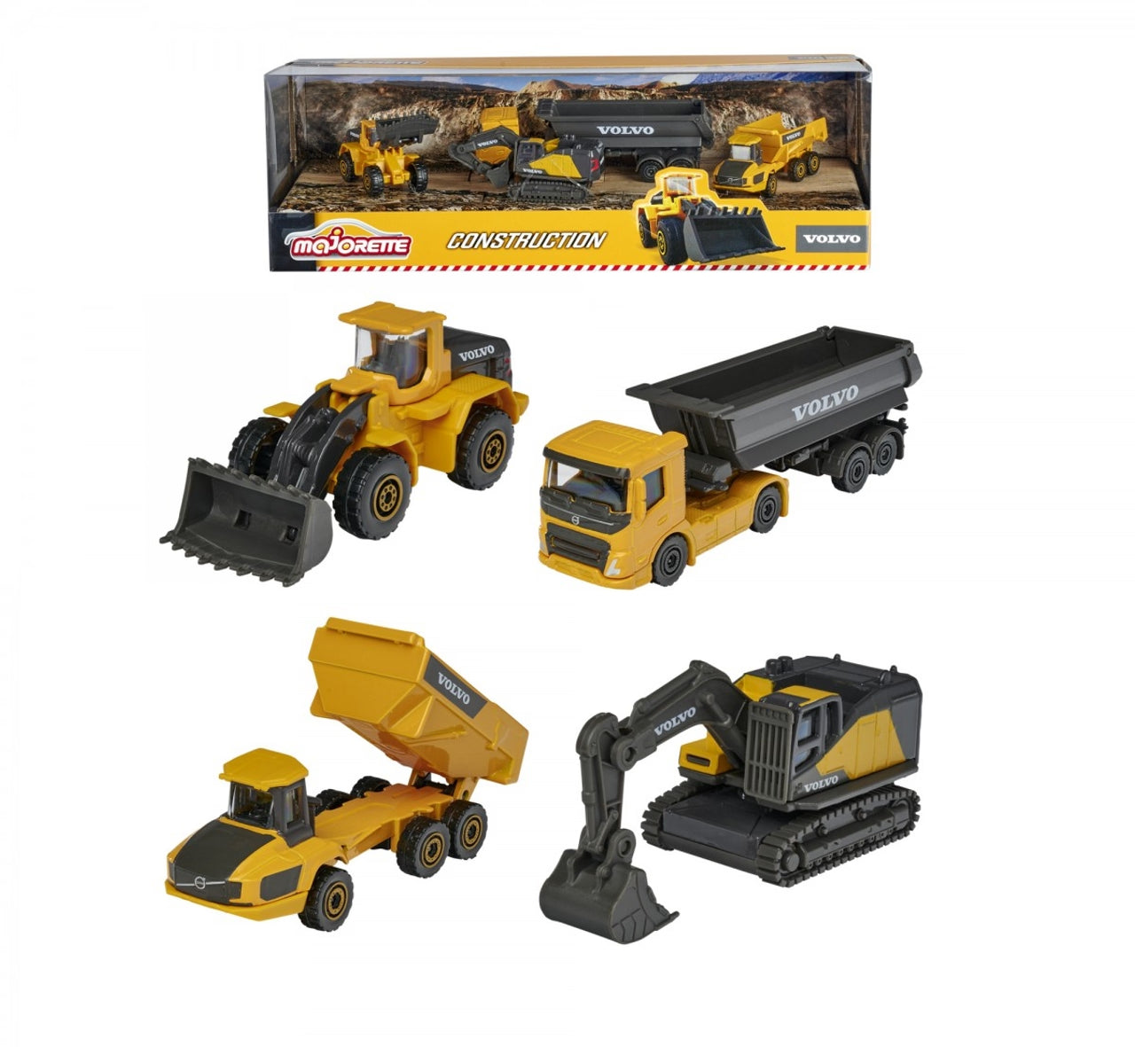 Majorette Volvo Construction Vehicles– Excavator, Wheel Loader, Dump Truck, Articulated Hauler