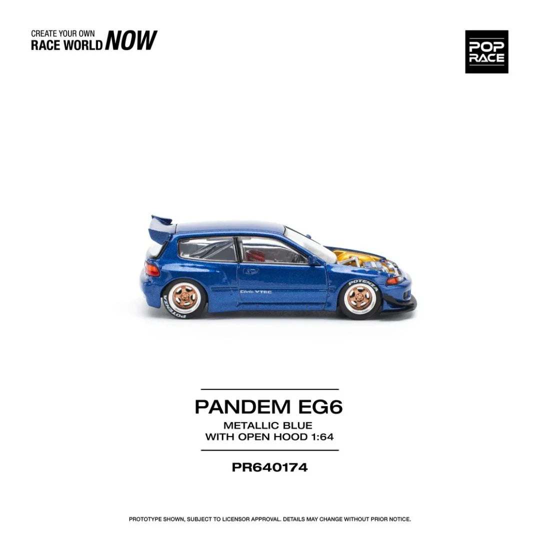 POP Race 1:64 174 Diecast Model Car - Pandem Civic EG6 Metallic Blue With Open Hood