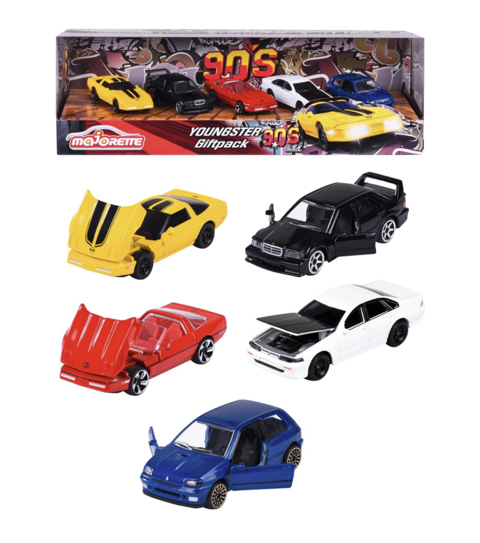 Majorette - Pack of 5 Metal Cars Young '90, Scale 1:64, 7.5 cm, Classic Edition 90s.