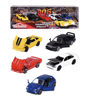 Majorette - Pack of 5 Metal Cars Young '90, Scale 1:64, 7.5 cm, Classic Edition 90s.