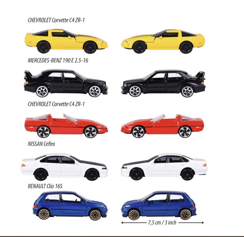 Majorette - Pack of 5 Metal Cars Young '90, Scale 1:64, 7.5 cm, Classic Edition 90s.