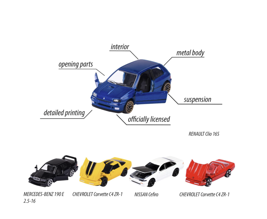 Majorette - Pack of 5 Metal Cars Young '90, Scale 1:64, 7.5 cm, Classic Edition 90s.