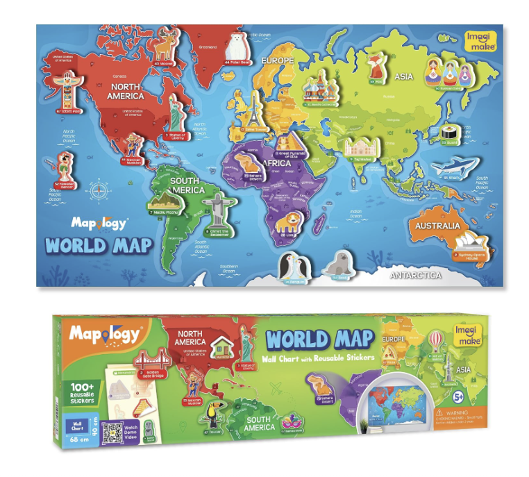 Imagimake Mapology World Map with Reusable Stickers.