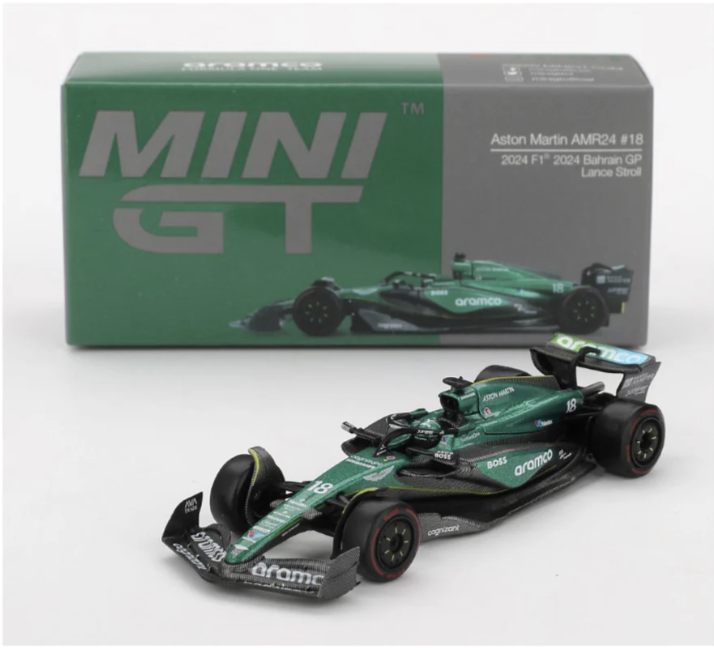 Mini GT 1001: Aston Martin AMR24 18 Lance Stroll 2024 F1 2024 Bahrain GP.