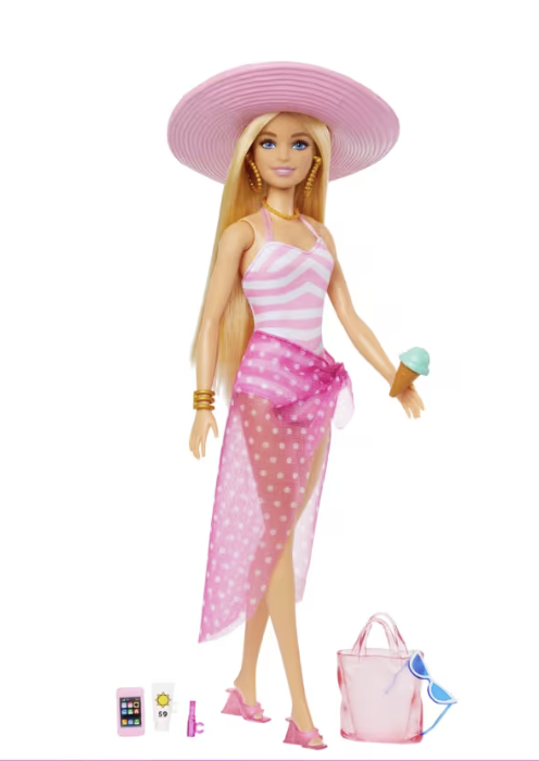 Blonde Barbie Doll with Swimsuit Beach-Themed Accessories.