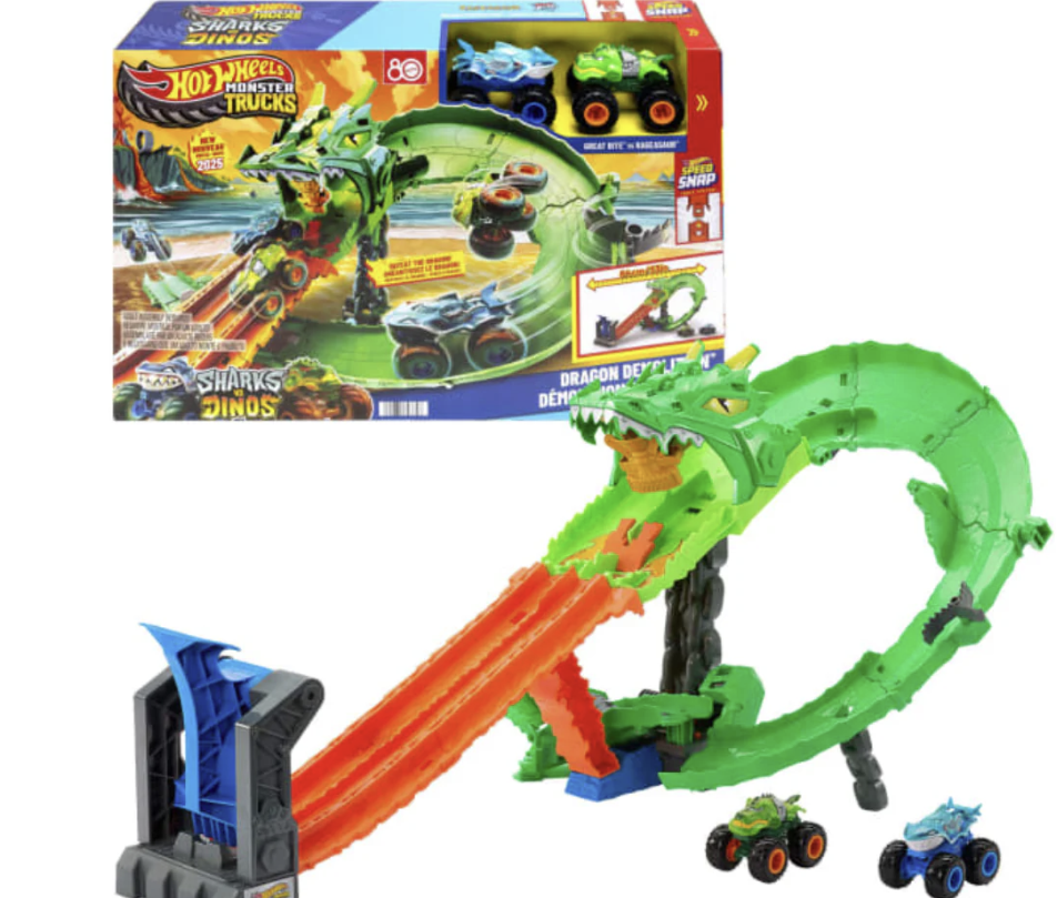 Hot Wheels Monster Trucks Sharks vs Dinos Dragon Destruction Playset.