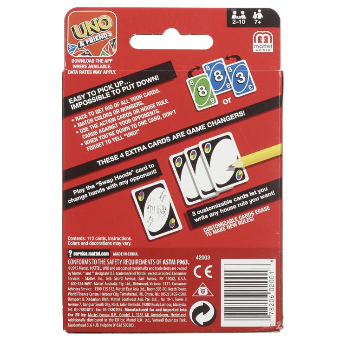 Mattel Uno Playing Card Game for 7 Yrs and Above for Adult,Set of 112 Cards, Multicolor.