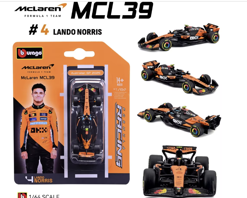 Burago Formula Racing F1 Team 1 : 64 Diecast Scale Model - Mclaren MCL39 4 Lando Norris