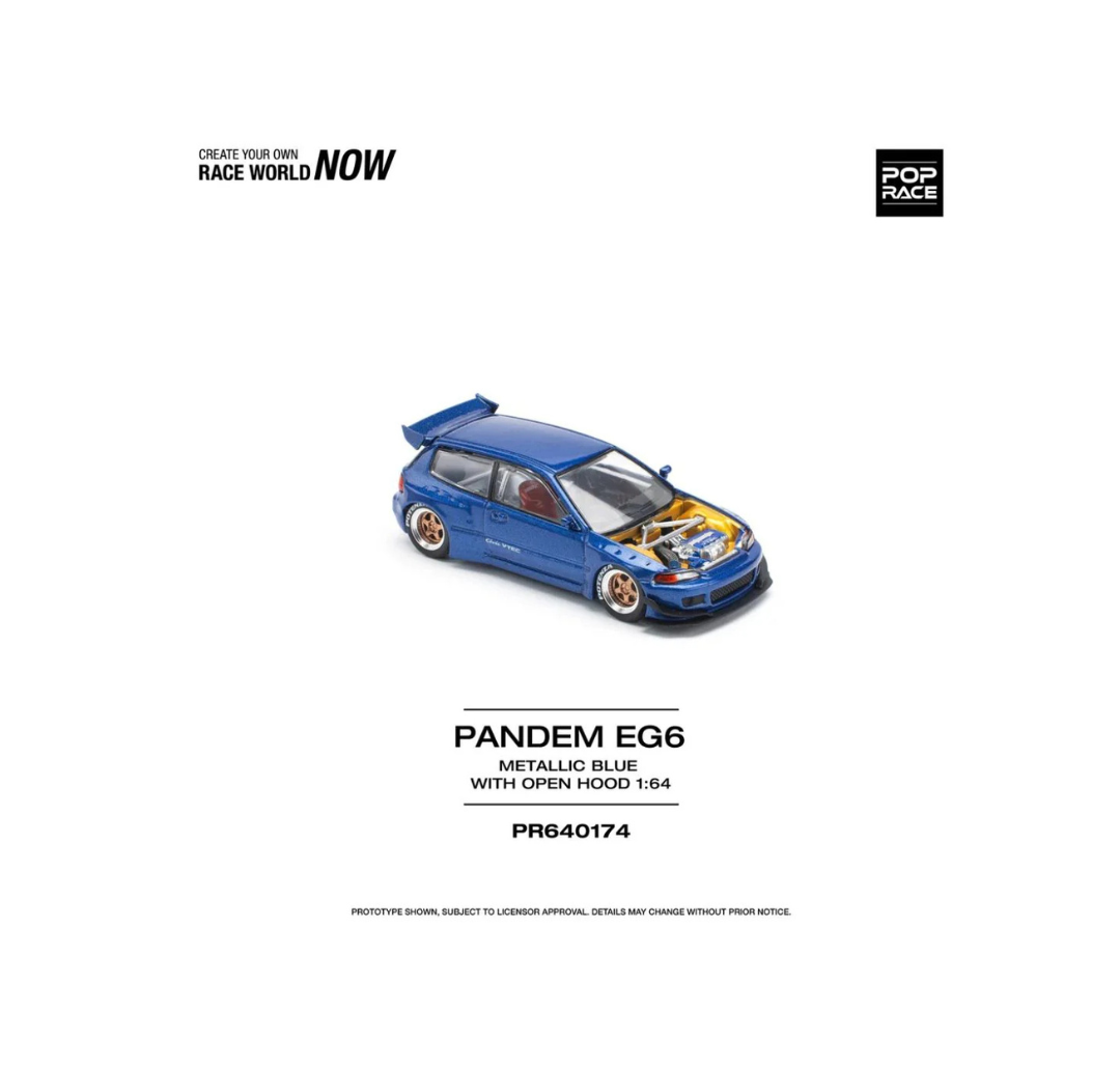 POP Race 1:64 174 Diecast Model Car - Pandem Civic EG6 Metallic Blue With Open Hood