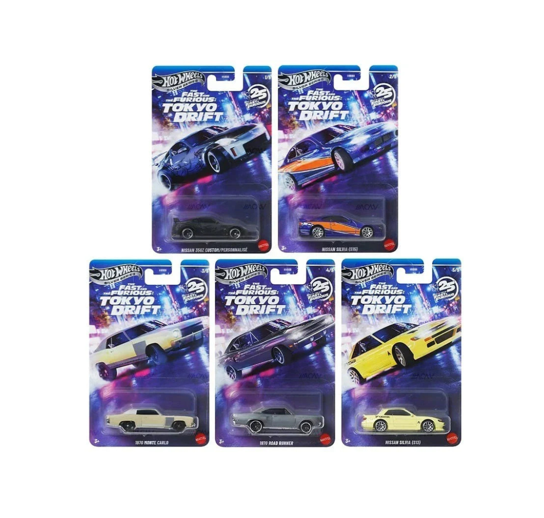 HOT WHEELS SILVER SIRIES FAST AND FURIOUS TOKYO DRIFT 5 CAR SET