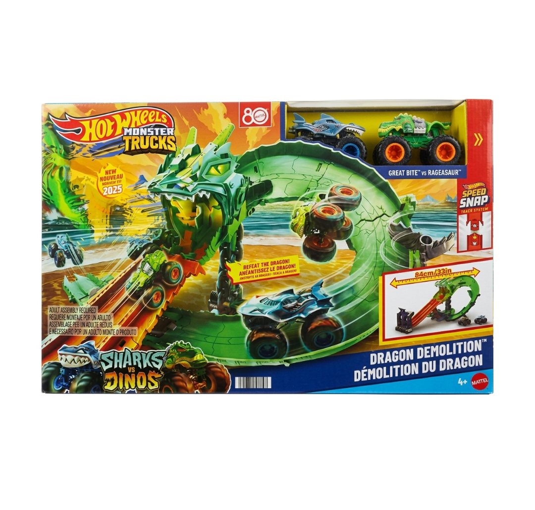 Hot Wheels Monster Trucks Sharks vs Dinos Dragon Destruction Playset.
