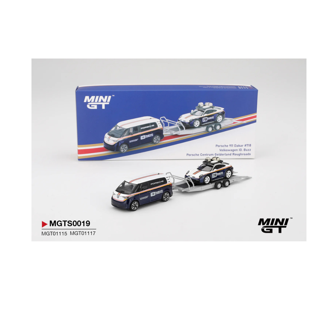 MINI GT S0019 PORSCHE 911 DAKAR 718 VOLKSWAGON ID BUZZ PORSCHE CENTRUM GELDERLAND ROUGHROADS SET