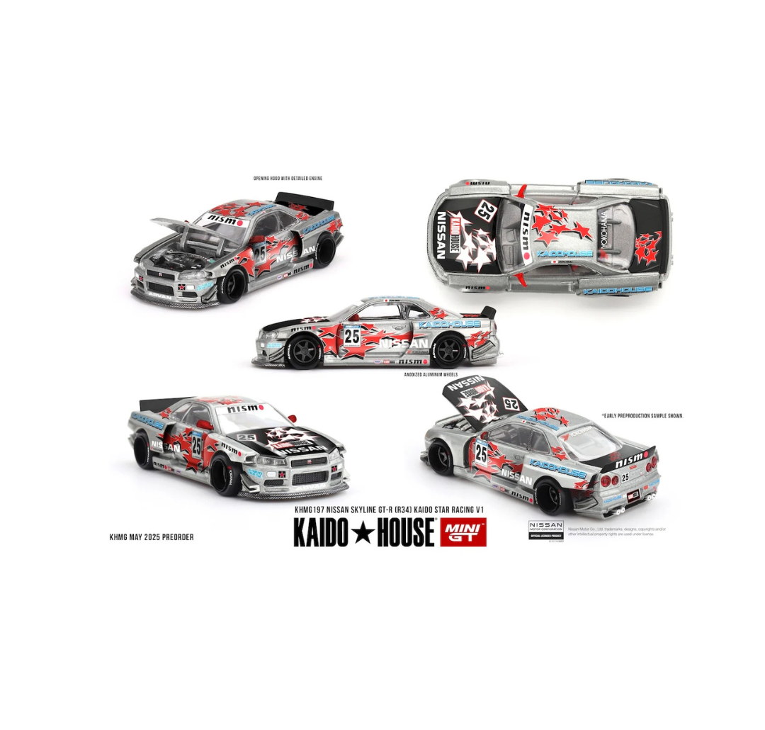 KAIDO HOUSE X MINI GT 197 NISSAN SKYLINE GT-R (R34) KAIDO STAR RACING V1 KHMG 197