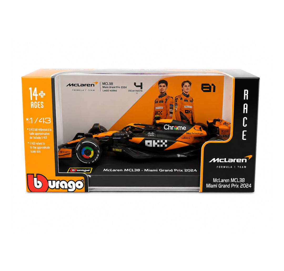 Burago 1/43 Scale McLaren MCL38 Lando Norris #4 2024 - Realistic  Car Driven by Lando Norris.