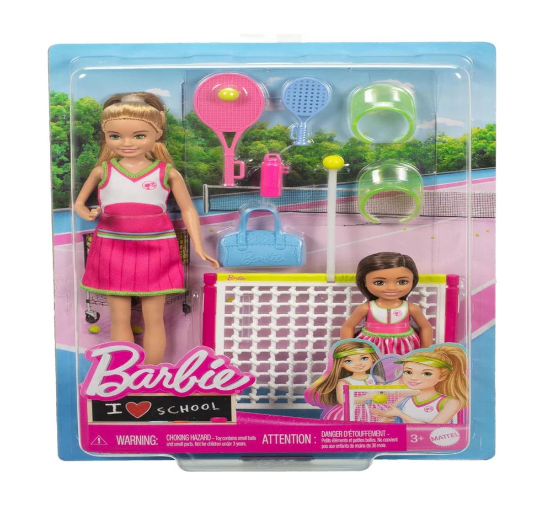 Barbie Stacie Chelsea Tennis Playset with 2 Dolls 5+ Accessories (HRG83)