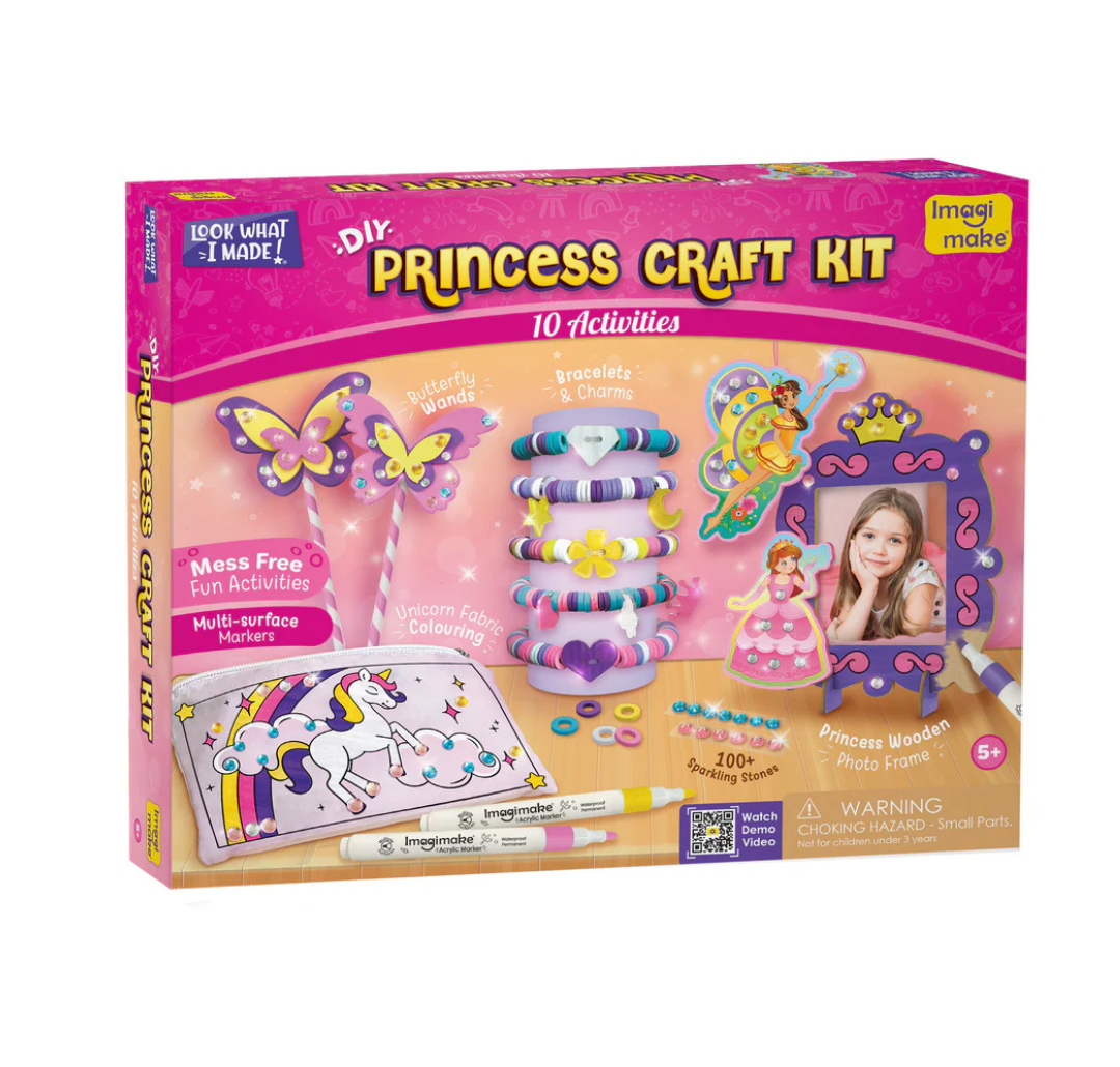 Imagimake Princess Craft Kit | 10 Mess-Free Activities | DIY Flat Bead Bracelets, Unicorn Pouch, Butterfly Wands & Photo Frame.