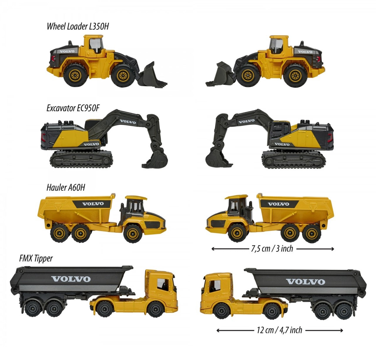 Majorette Volvo Construction Vehicles– Excavator, Wheel Loader, Dump Truck, Articulated Hauler