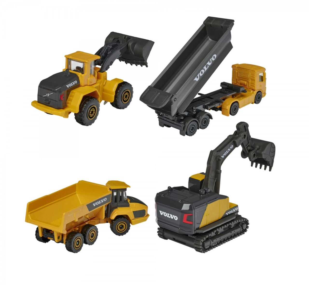 Majorette Volvo Construction Vehicles– Excavator, Wheel Loader, Dump Truck, Articulated Hauler